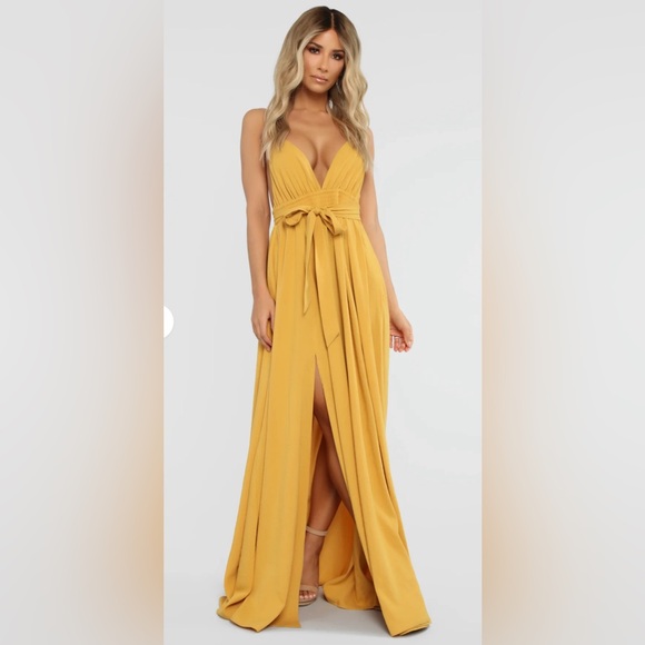 Fashion Nova Dresses & Skirts - Fashion Nova River Flow Mustard Yellow V-Neck Tie-Waist Maxi Dress